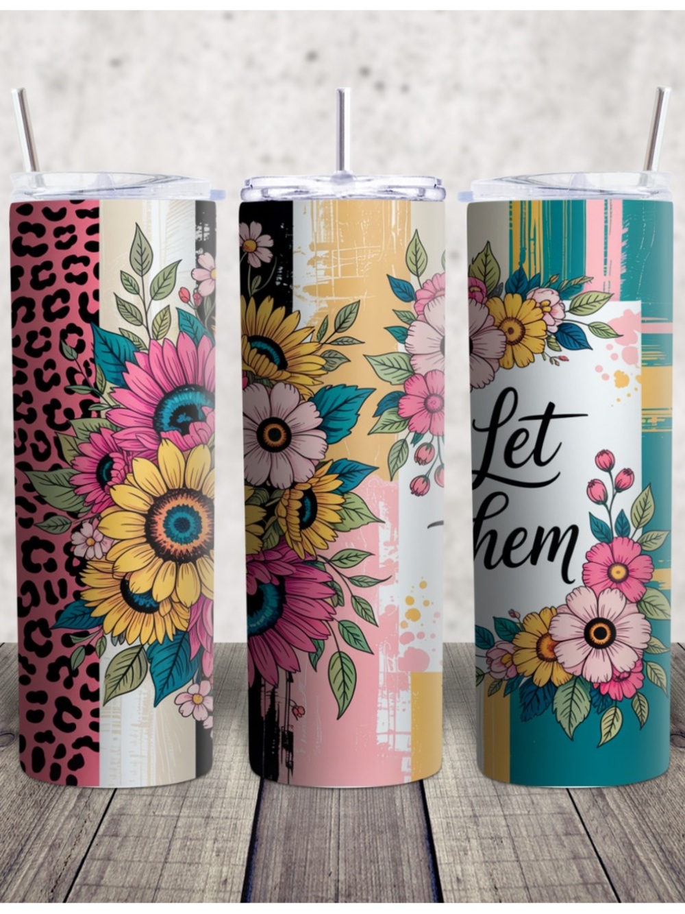 Hand Crafted Pink Teal Yellow Floral Tumbler